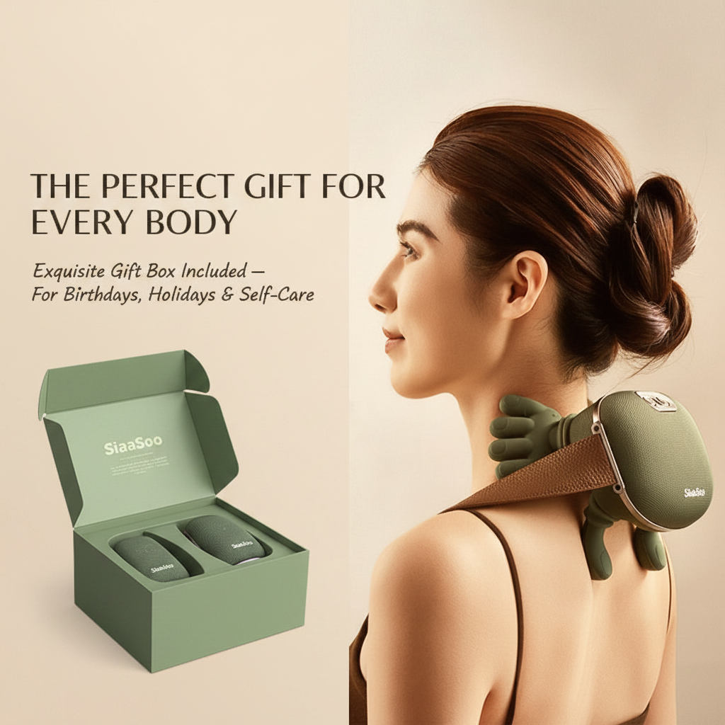 PhantomSupply Neck Shoulder Massager shown as a personal masseuse, hands-free and cordless for relaxation anywhere.