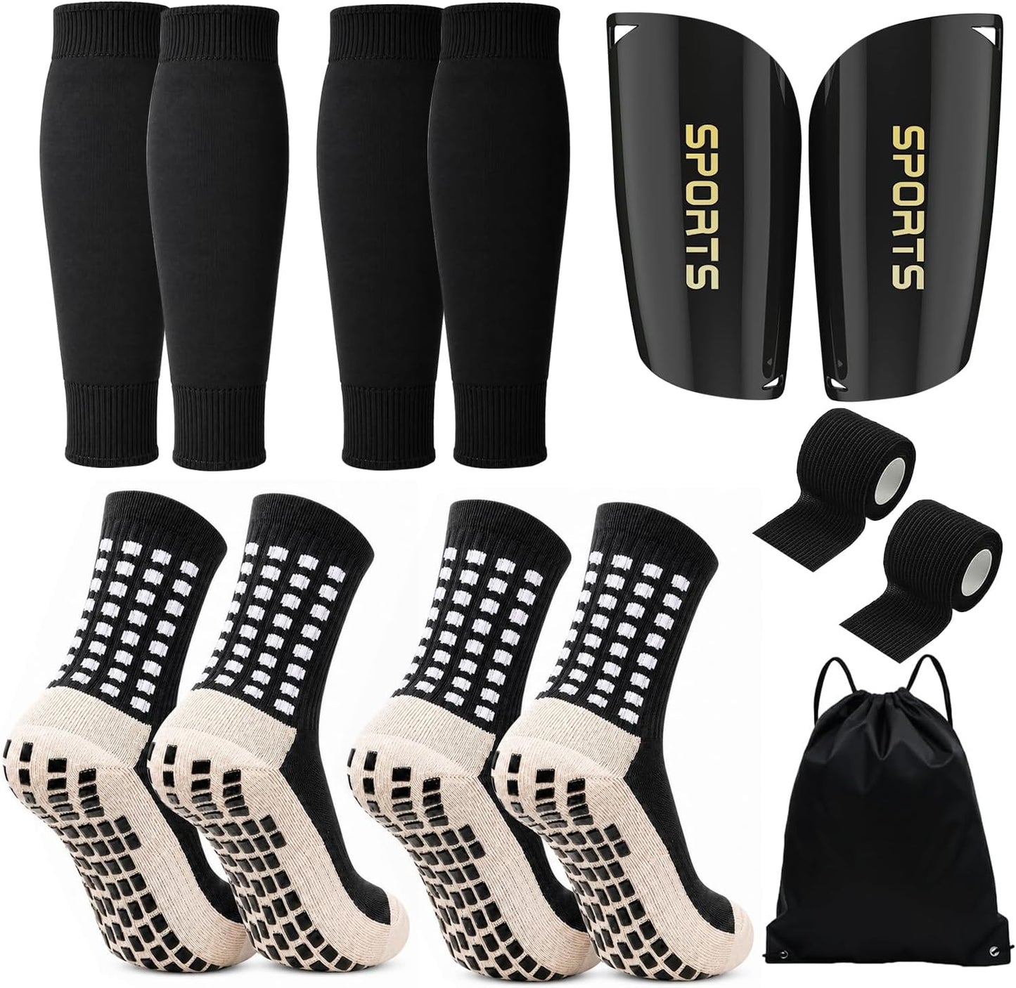 2 Pair Kids Grip Soccer Socks Set with Shin Guards, Sleeves, Tape & Bag, Black