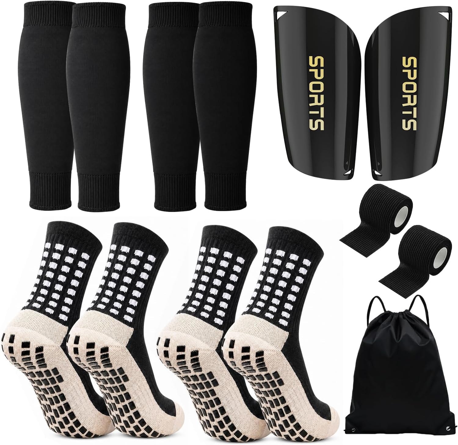 2 Pair Kids Grip Soccer Socks Set with Shin Guards, Sleeves, Tape & Bag, Black