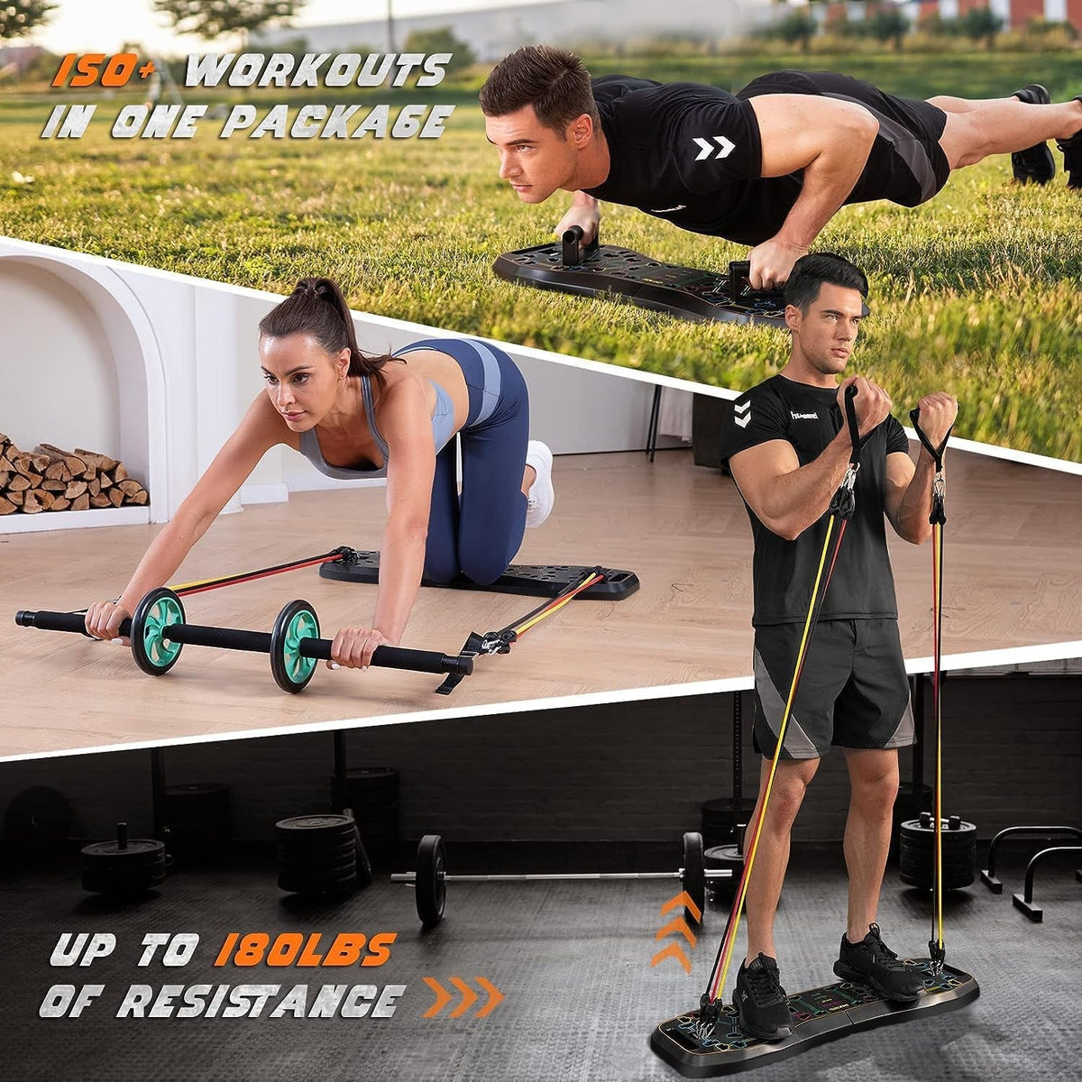PhantomSupply Push-Up Board System 36-in-1 with workout accessories and various exercises demonstrated by individuals.