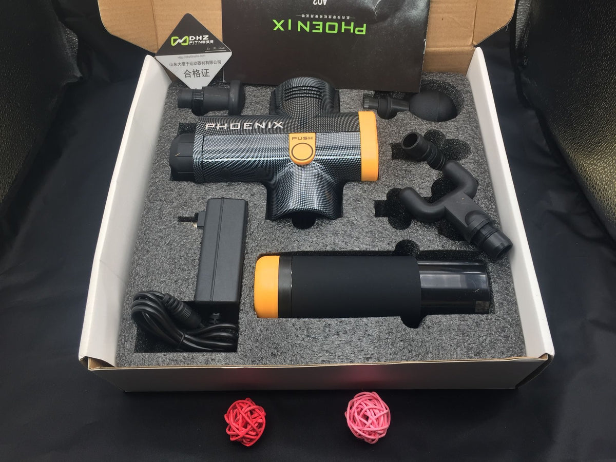 PhantomSupply Fascia Massage Gun featuring deep tissue relief, 6 speed settings, and 4 massage heads for effective recovery.