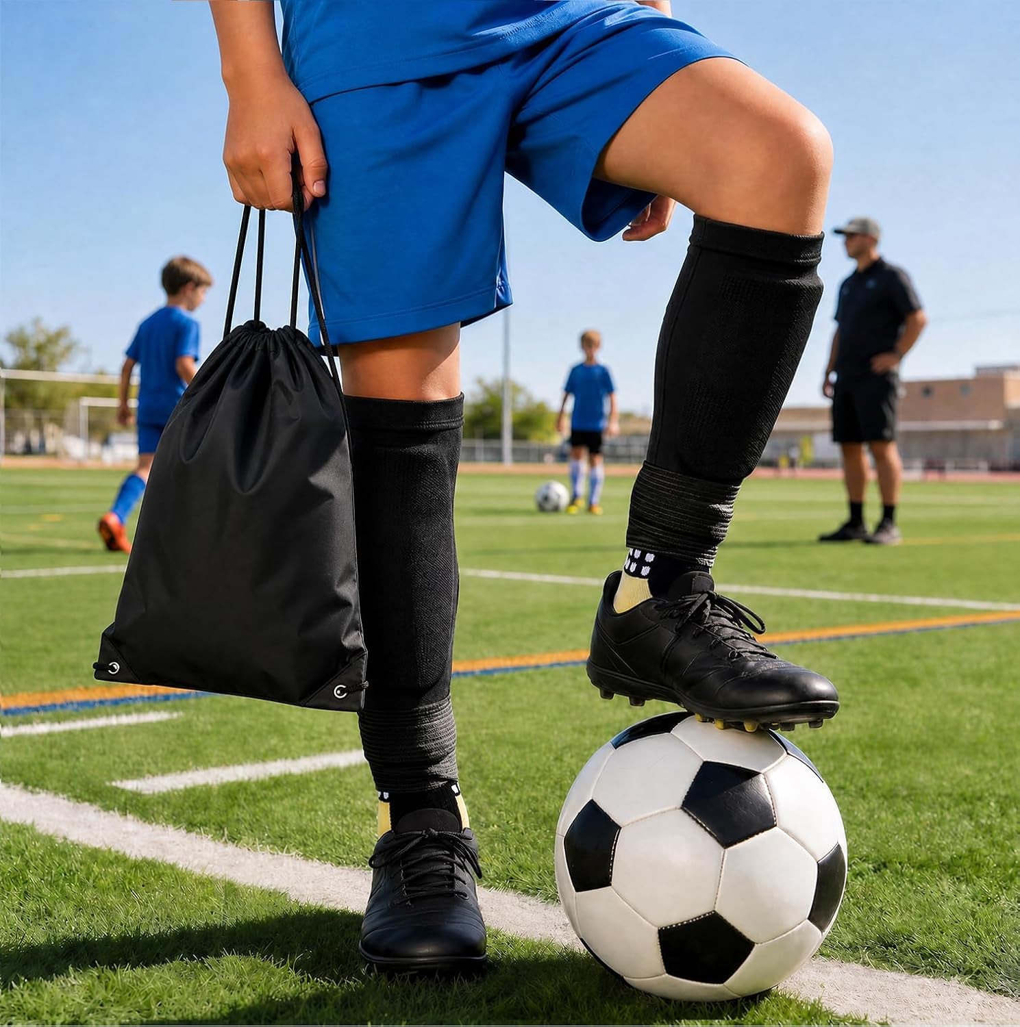 2 Pair Kids Grip Soccer Socks Set with Shin Guards, Sleeves, Tape & Bag, Black