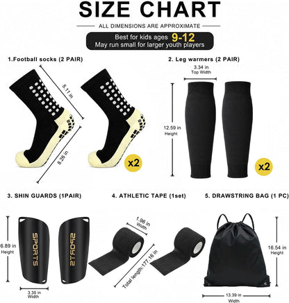 2 Pair Kids Grip Soccer Socks Set with Shin Guards, Sleeves, Tape & Bag, Black