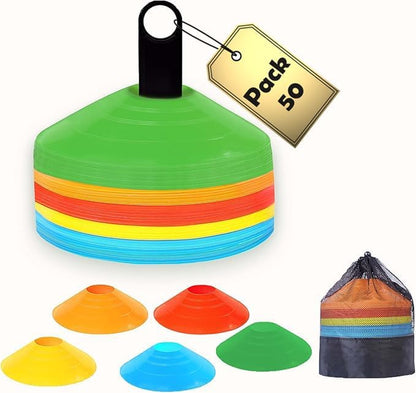 Soccer Cones 100/50/25 Pack with Carry Bag & Holder Five Colors | Agility Disc Cones Set for Training | Sports Practice Equipment for Soccer, Football, Basketball, Coaching & Speed