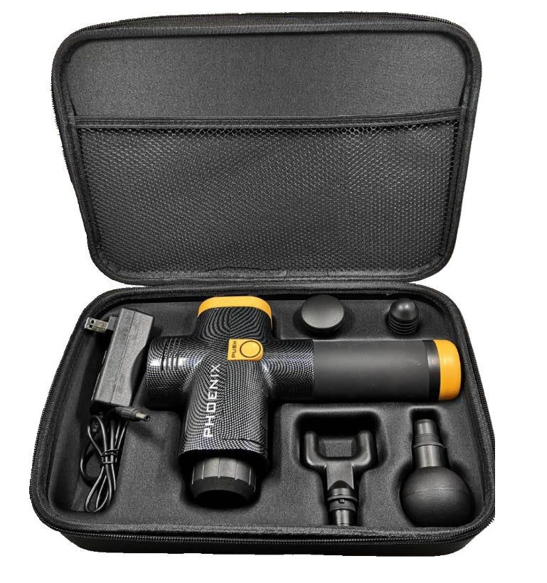 PhantomSupply Fascia Massage Gun featuring deep tissue relief, 6 speed settings, and 4 massage heads for effective recovery.