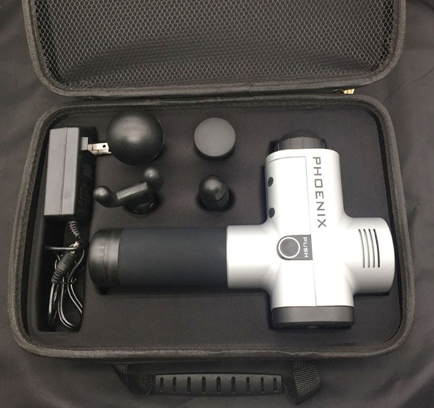 PhantomSupply Fascia Massage Gun featuring deep tissue relief, 6 speed settings, and 4 massage heads for effective recovery.