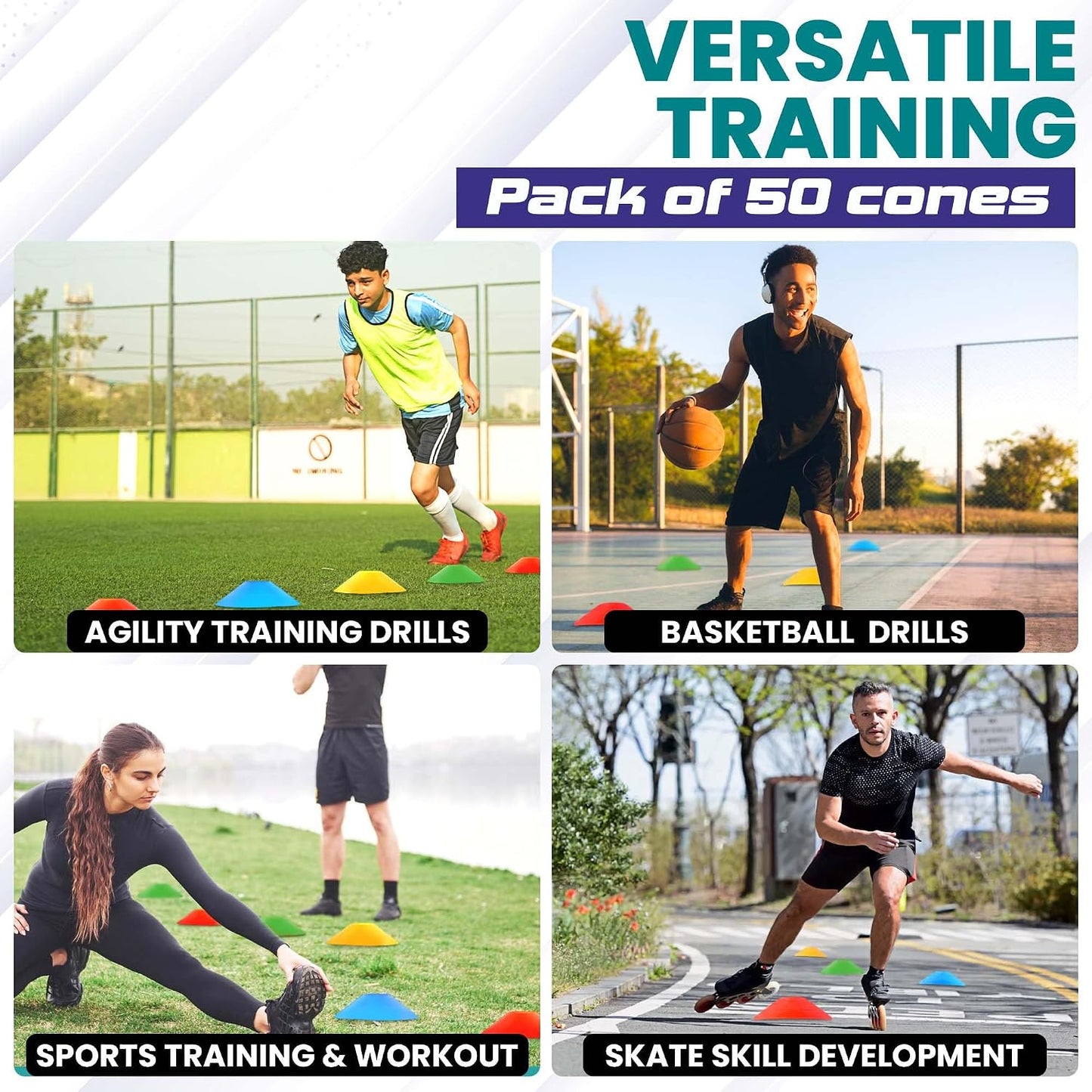 Soccer Cones 100/50/25 Pack with Carry Bag & Holder Five Colors | Agility Disc Cones Set for Training | Sports Practice Equipment for Soccer, Football, Basketball, Coaching & Speed