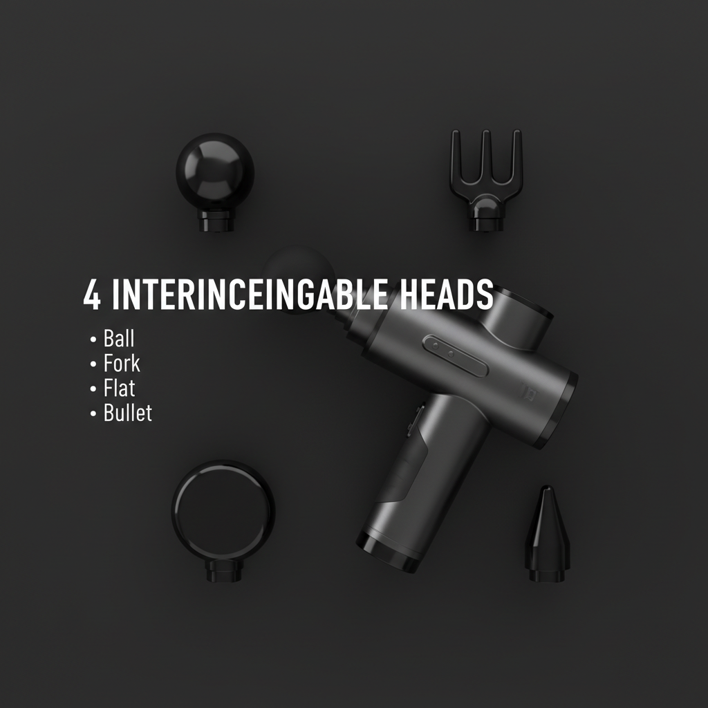 PhantomSupply Fascia Massage Gun featuring deep tissue relief, 6 speed settings, and 4 massage heads for effective recovery.