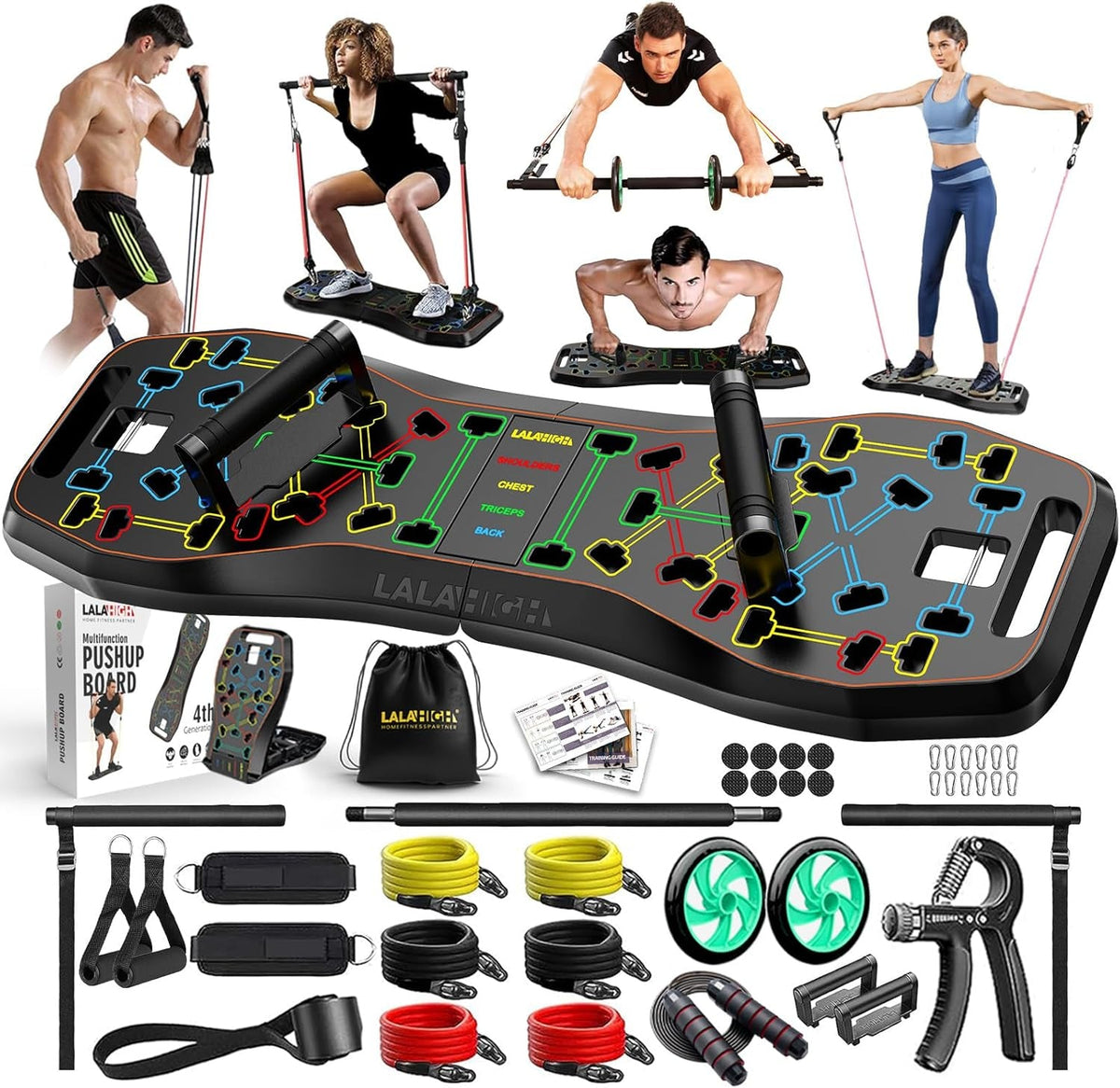 PhantomSupply Push-Up Board System 36-in-1 with workout accessories and various exercises demonstrated by individuals.