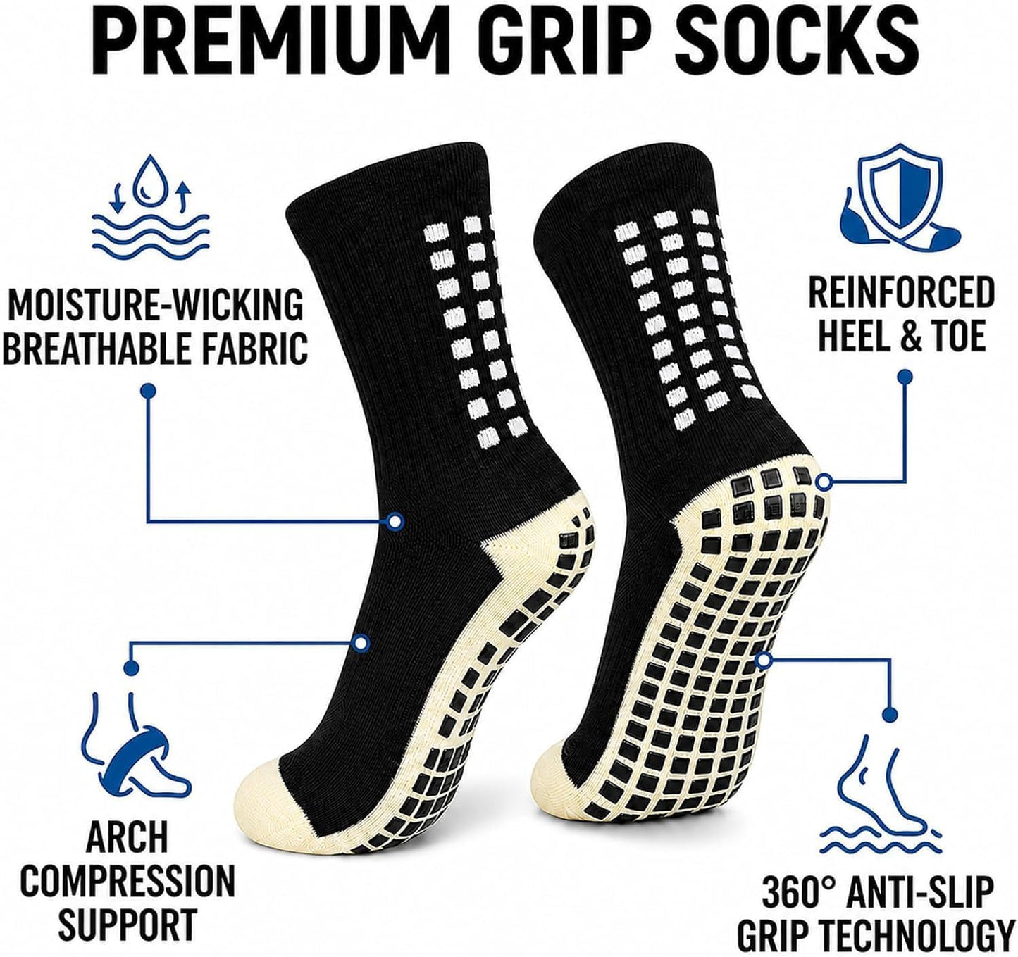 2 Pair Kids Grip Soccer Socks Set with Shin Guards, Sleeves, Tape & Bag, Black