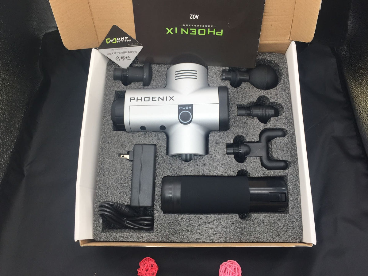 PhantomSupply Fascia Massage Gun featuring deep tissue relief, 6 speed settings, and 4 massage heads for effective recovery.