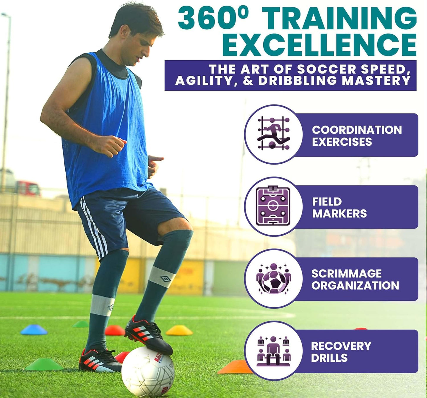 Soccer Cones 100/50/25 Pack with Carry Bag & Holder Five Colors | Agility Disc Cones Set for Training | Sports Practice Equipment for Soccer, Football, Basketball, Coaching & Speed