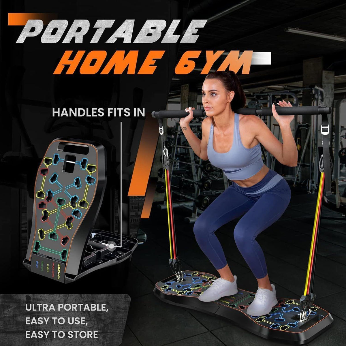 PhantomSupply Push-Up Board System 36-in-1 with workout accessories and various exercises demonstrated by individuals.