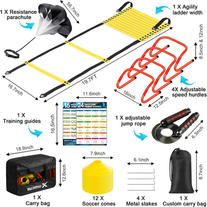 Agility Ladder Speed Training Equipment Set-20Ft Agility Ladder,12 Soccer Cones,4 Hurdles, Jump Rope, Running Parachute| Basketball Football Soccer Training Equipment for Kids Youth Adults