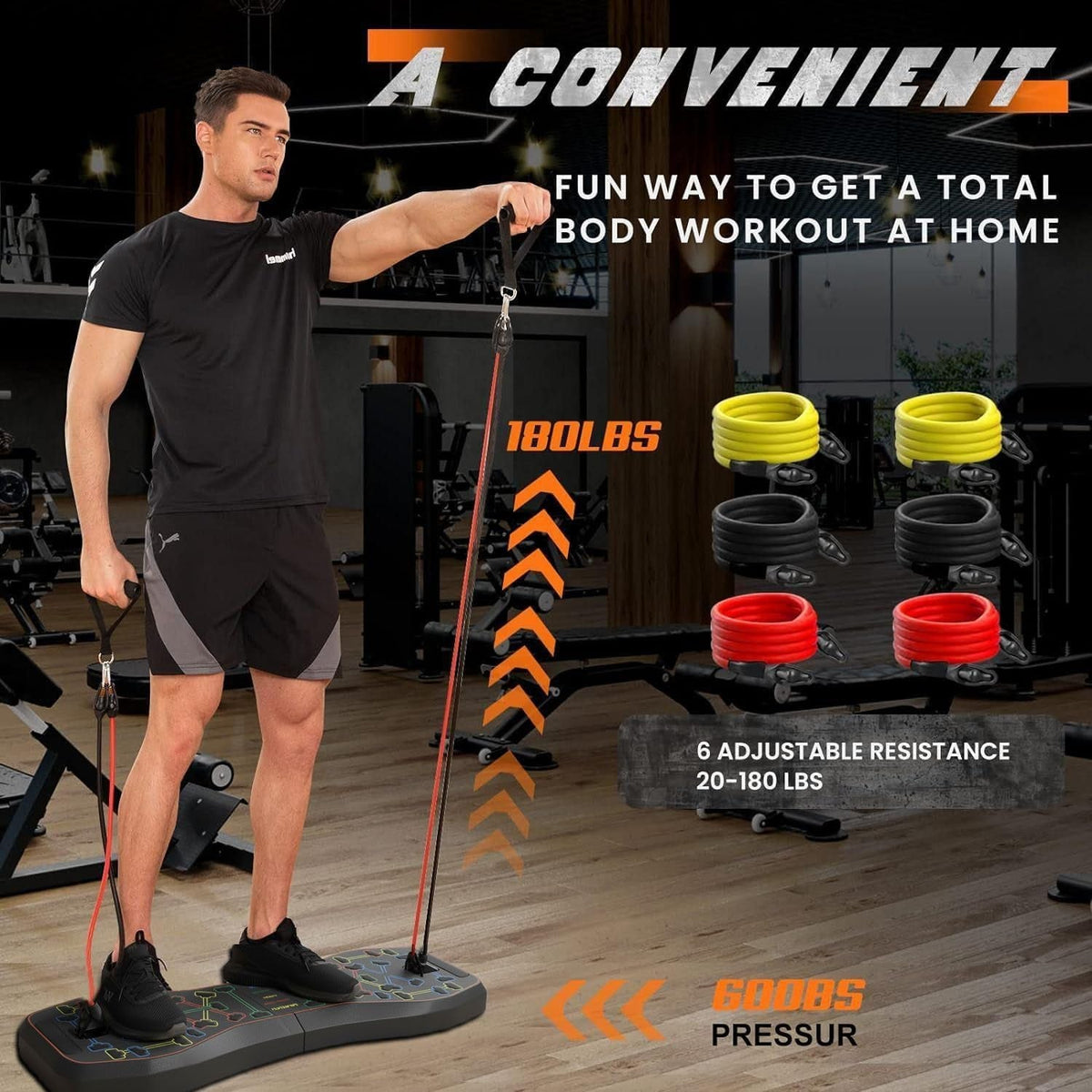 PhantomSupply Push-Up Board System 36-in-1 with workout accessories and various exercises demonstrated by individuals.