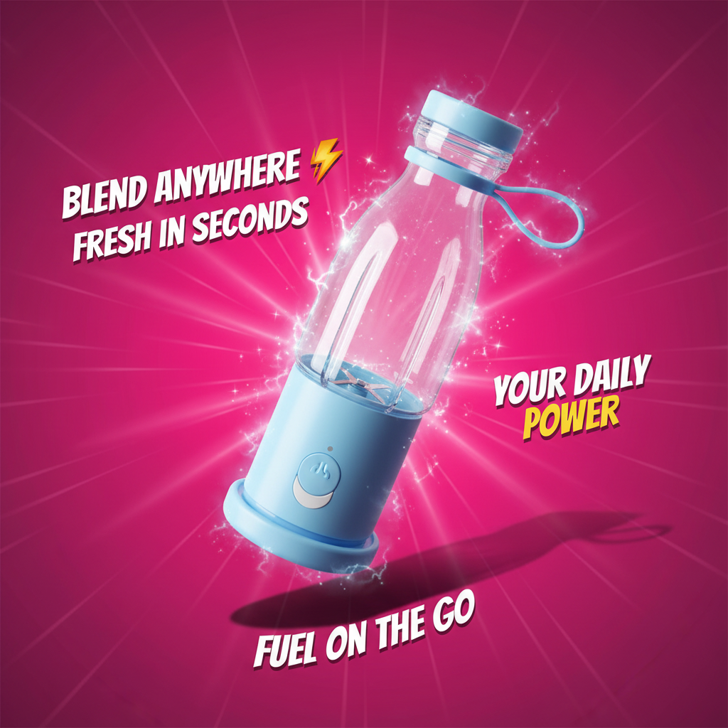 PhantomBlend Portable Blender with vibrant background, showcasing its portable and rechargeable features for on-the-go blending.