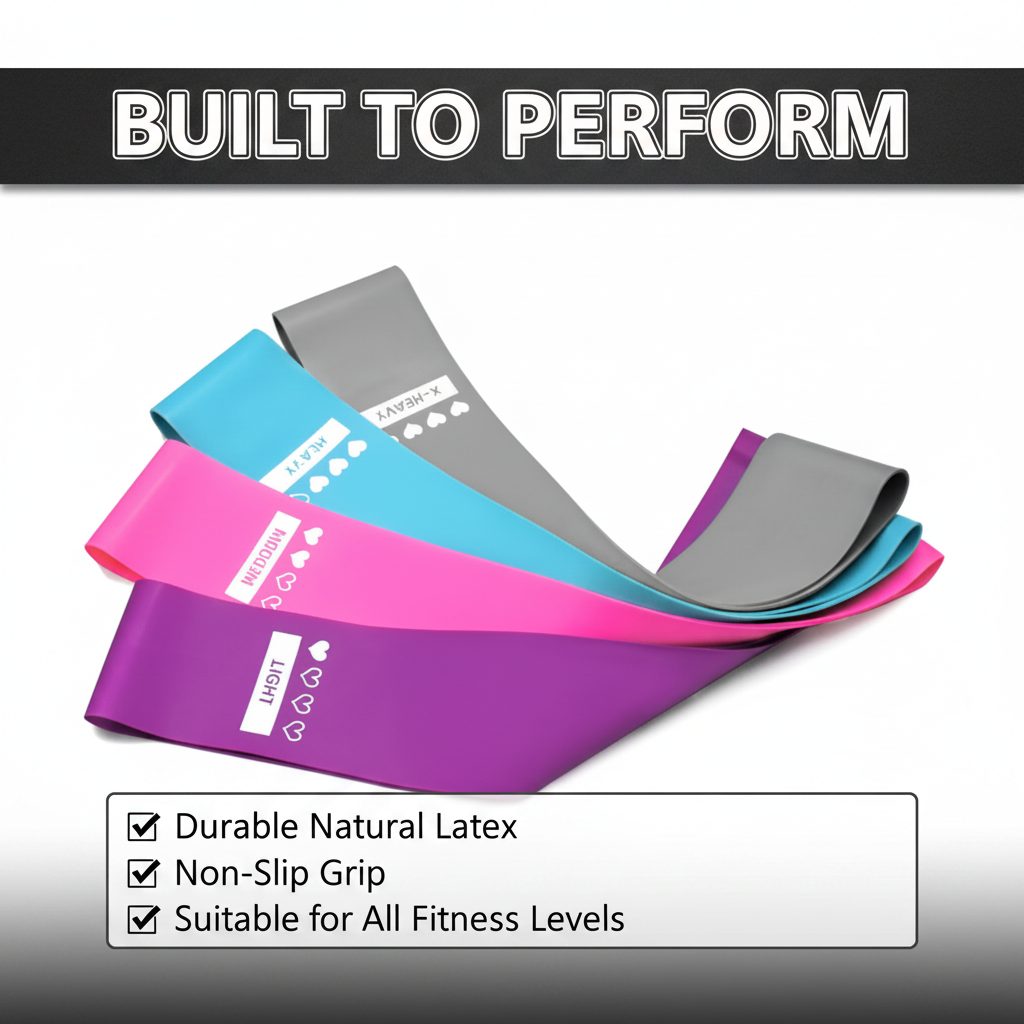 PhantomSupply Resistance Bands Set featuring various resistance bands in purple, pink, and black for workouts and strength training.