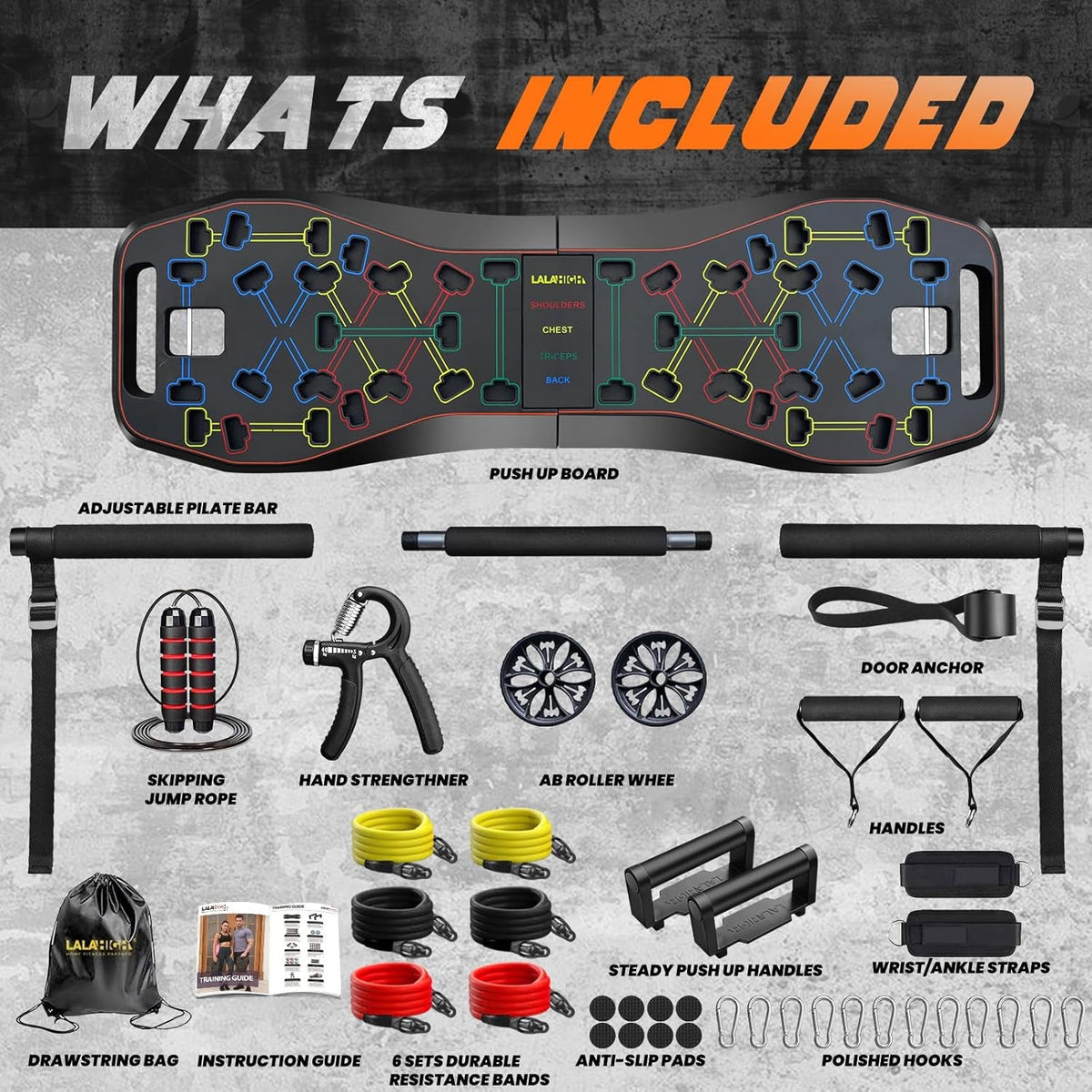 PhantomSupply Push-Up Board System 36-in-1 with workout accessories and various exercises demonstrated by individuals.