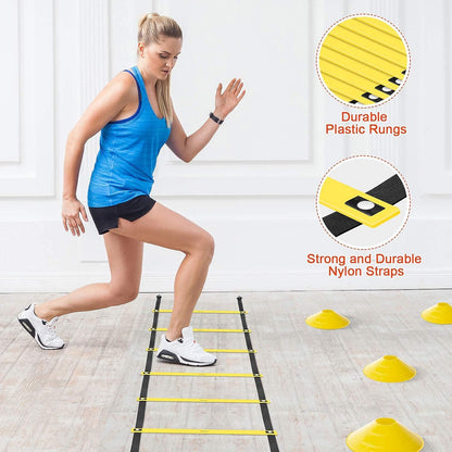 Agility Ladder Speed Training Equipment Set-20Ft Agility Ladder,12 Soccer Cones,4 Hurdles, Jump Rope, Running Parachute| Basketball Football Soccer Training Equipment for Kids Youth Adults