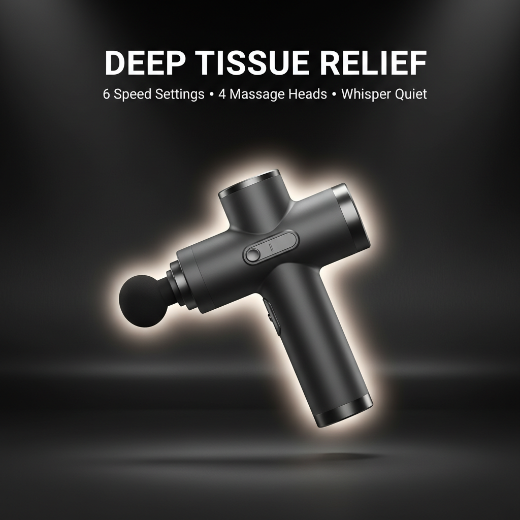 PhantomSupply Fascia Massage Gun featuring deep tissue relief, 6 speed settings, and 4 massage heads for effective recovery.