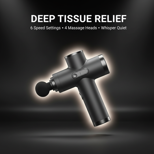 PhantomSupply Fascia Massage Gun featuring deep tissue relief, 6 speed settings, and 4 massage heads for effective recovery.