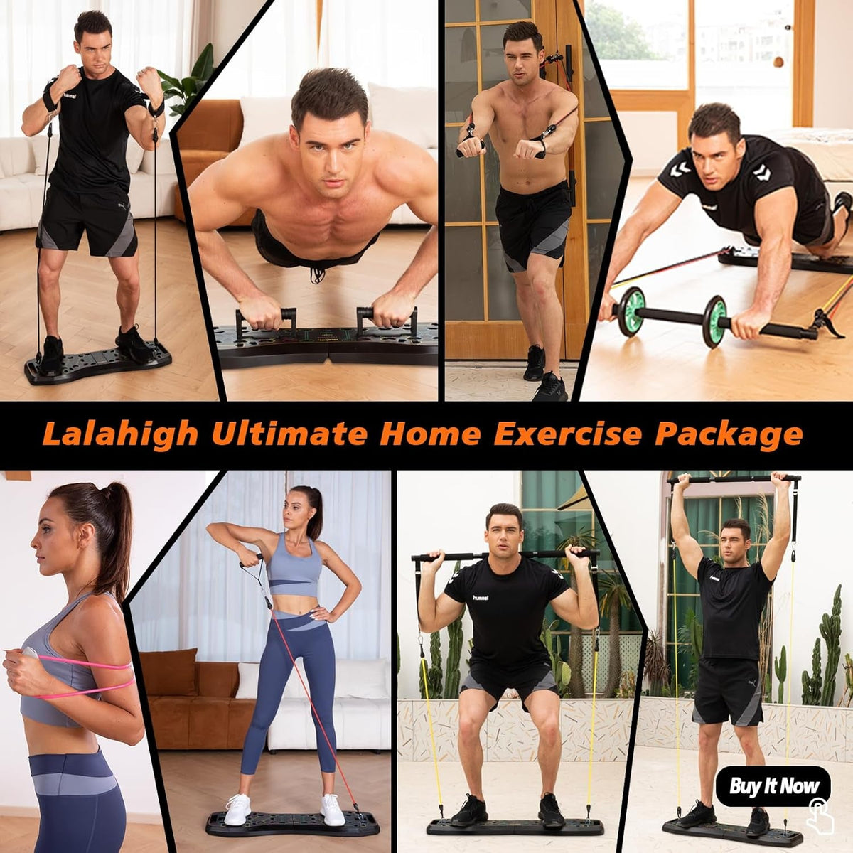 PhantomSupply Push-Up Board System 36-in-1 with workout accessories and various exercises demonstrated by individuals.
