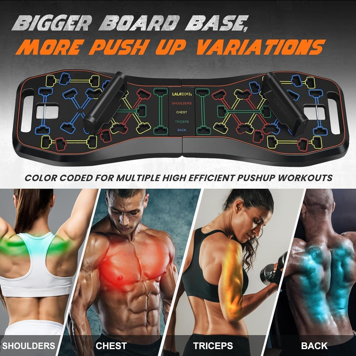 PhantomSupply Push-Up Board System 36-in-1 with workout accessories and various exercises demonstrated by individuals.
