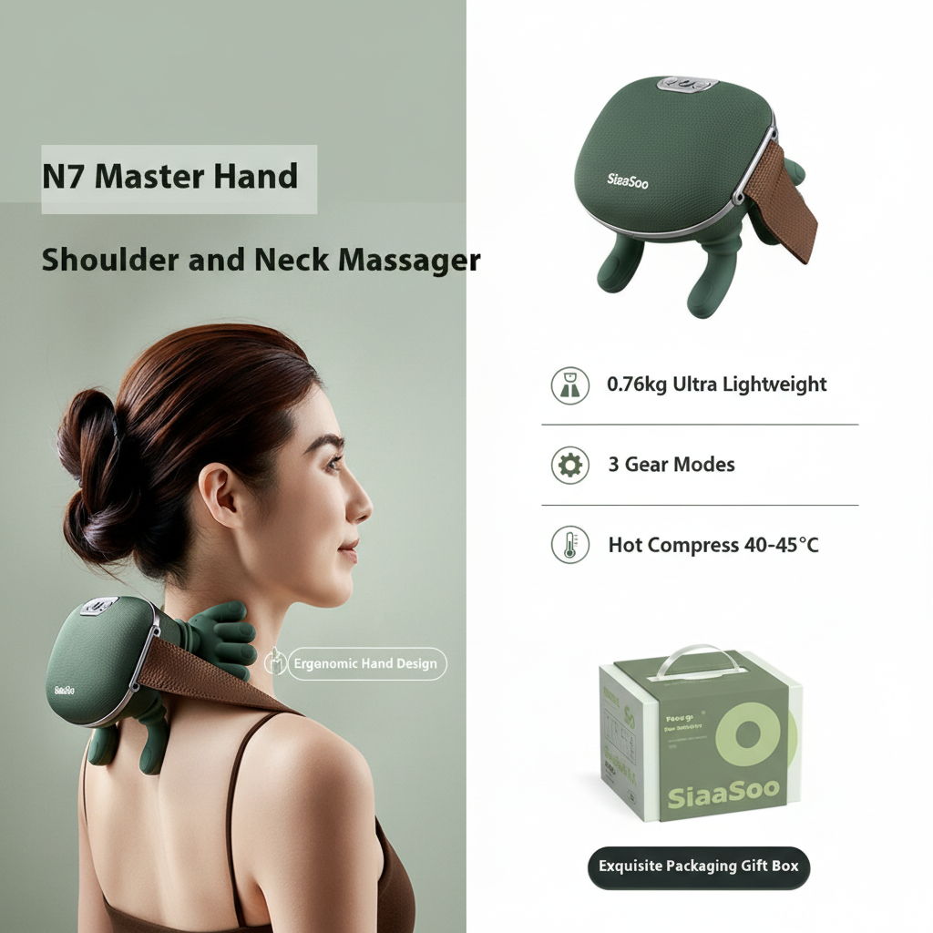PhantomSupply Neck Shoulder Massager shown as a personal masseuse, hands-free and cordless for relaxation anywhere.