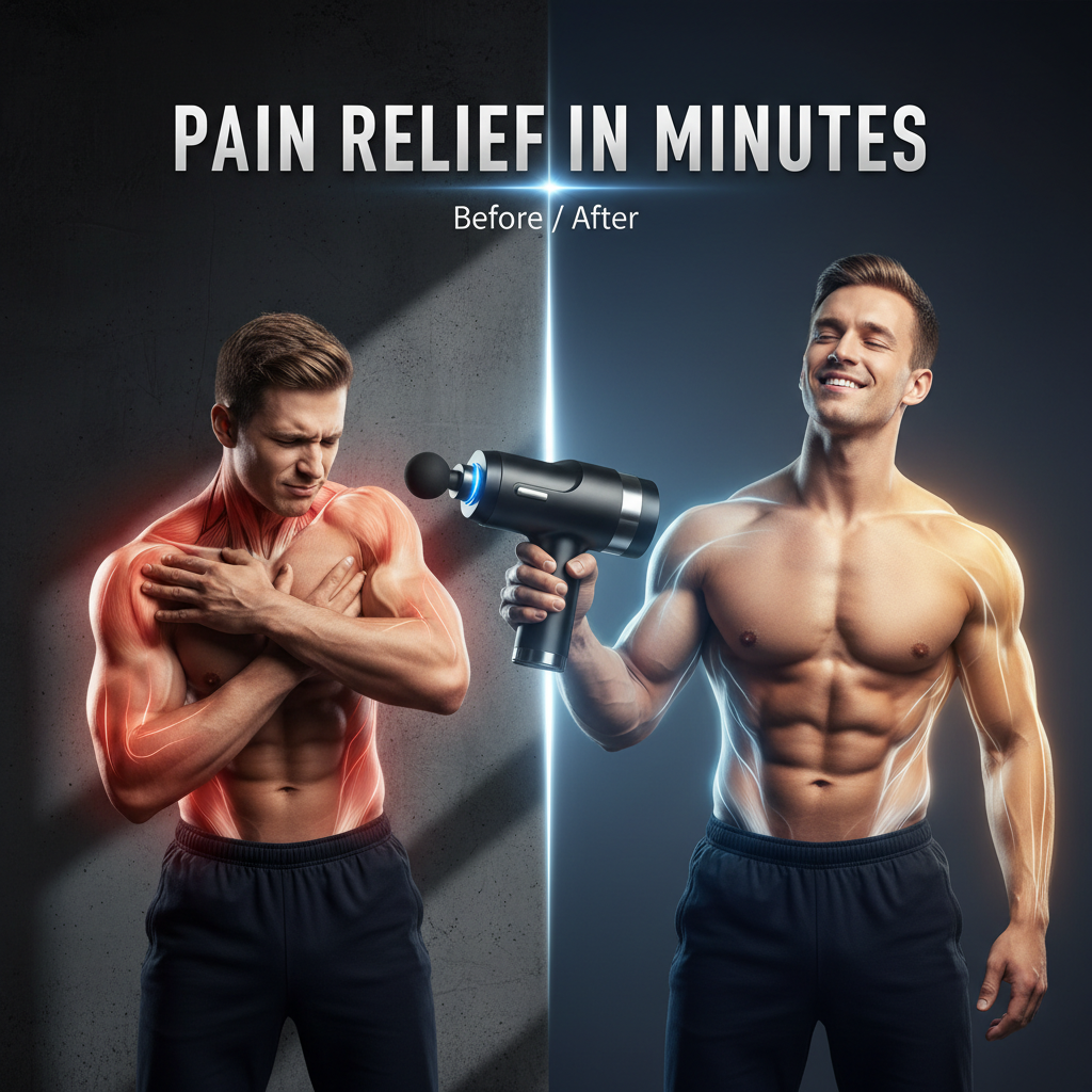 PhantomSupply Fascia Massage Gun featuring deep tissue relief, 6 speed settings, and 4 massage heads for effective recovery.