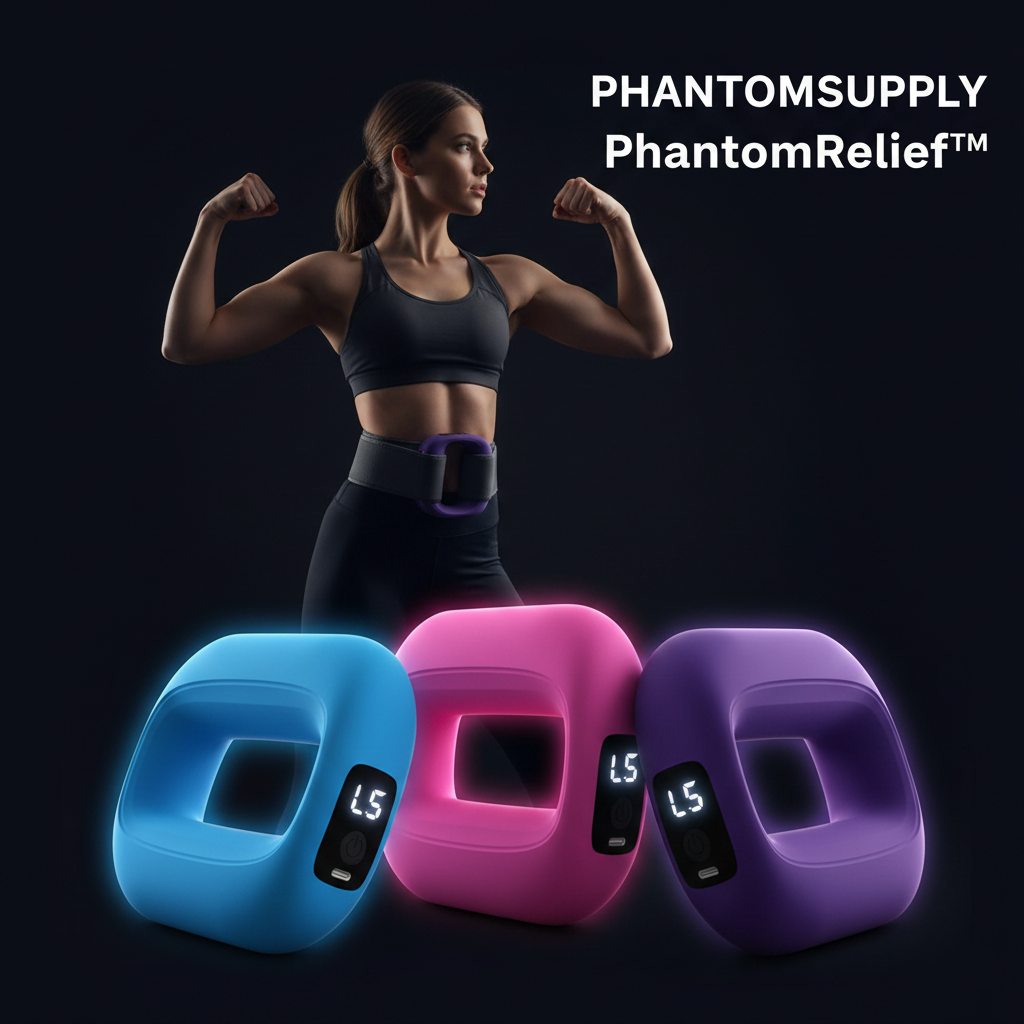 PhantomRelief Electric Fascia Massage Ring in blue, pink, and purple with a strong woman in fitness attire.