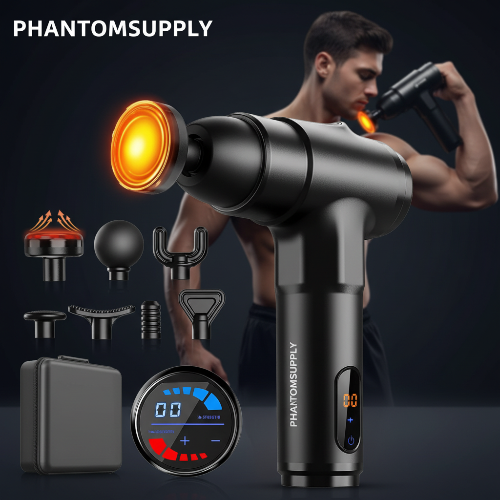 PhantomSupply Heated Deep Tissue Massage Gun with attachment heads and digital display, designed for muscle relaxation.
