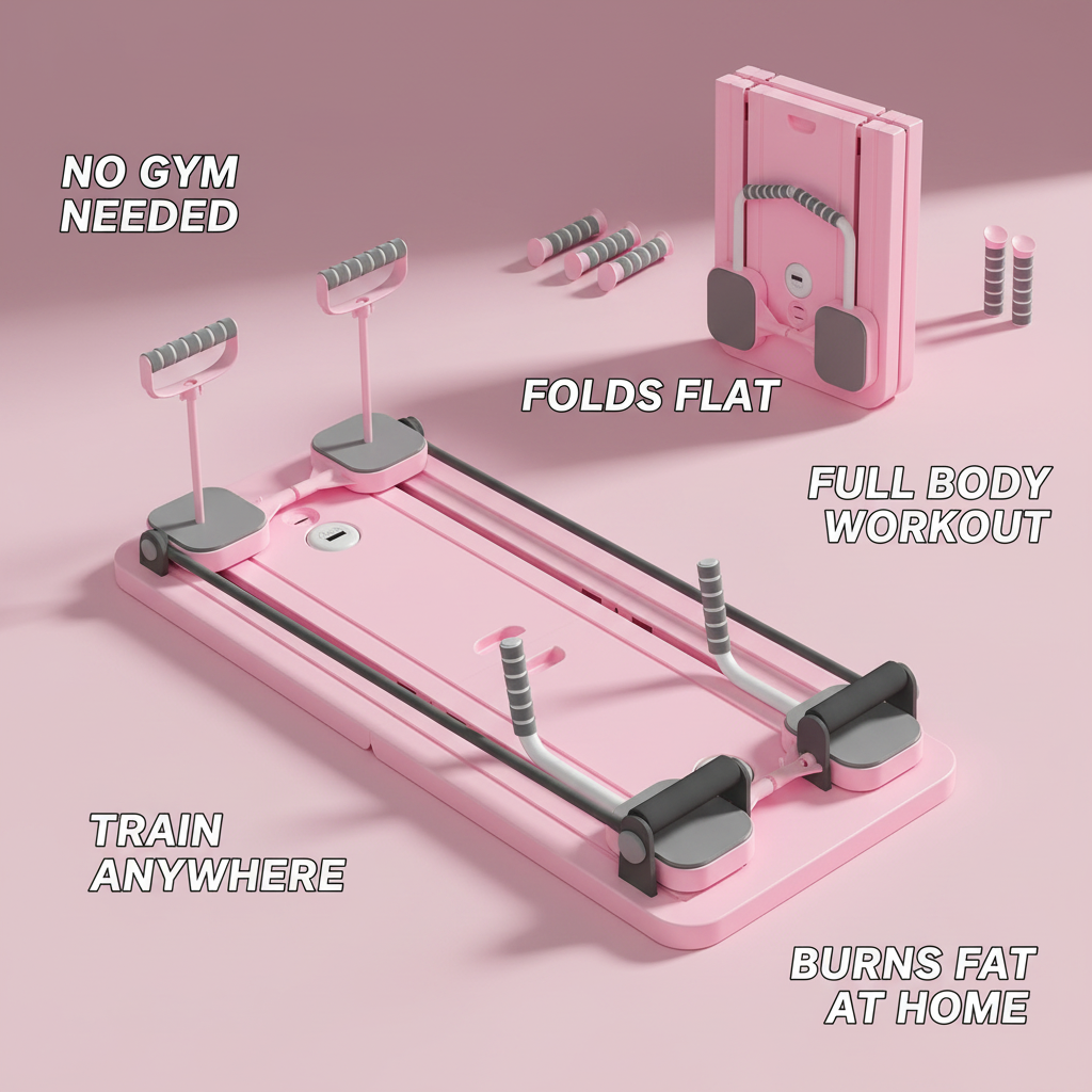 PhantomSupply Pilates Stretch Board with resistance bands, folds flat for easy storage, ideal for home workouts, compact design.
