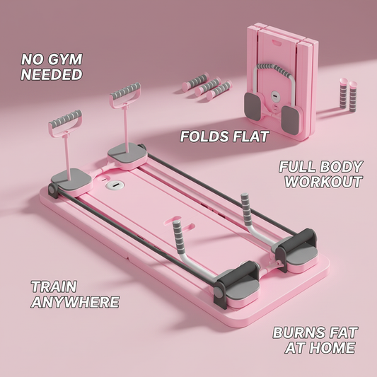 PhantomSupply Pilates Stretch Board with resistance bands, folds flat for easy storage, ideal for home workouts, compact design.