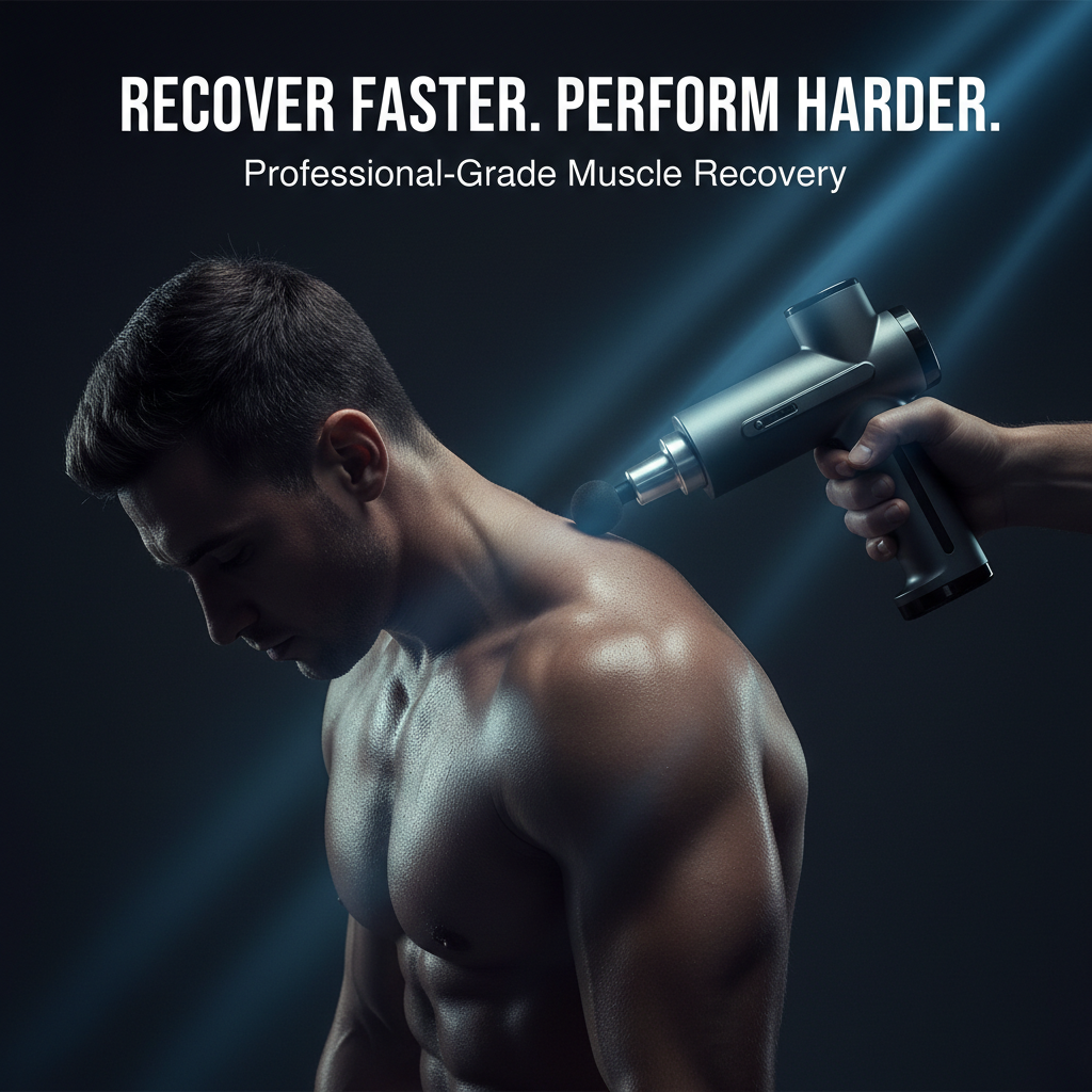 PhantomSupply Fascia Massage Gun featuring deep tissue relief, 6 speed settings, and 4 massage heads for effective recovery.