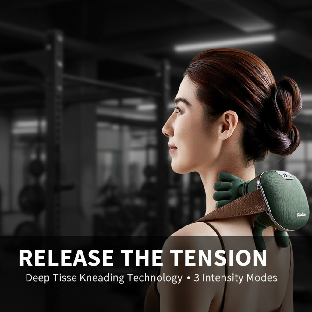 PhantomSupply Neck Shoulder Massager shown as a personal masseuse, hands-free and cordless for relaxation anywhere.