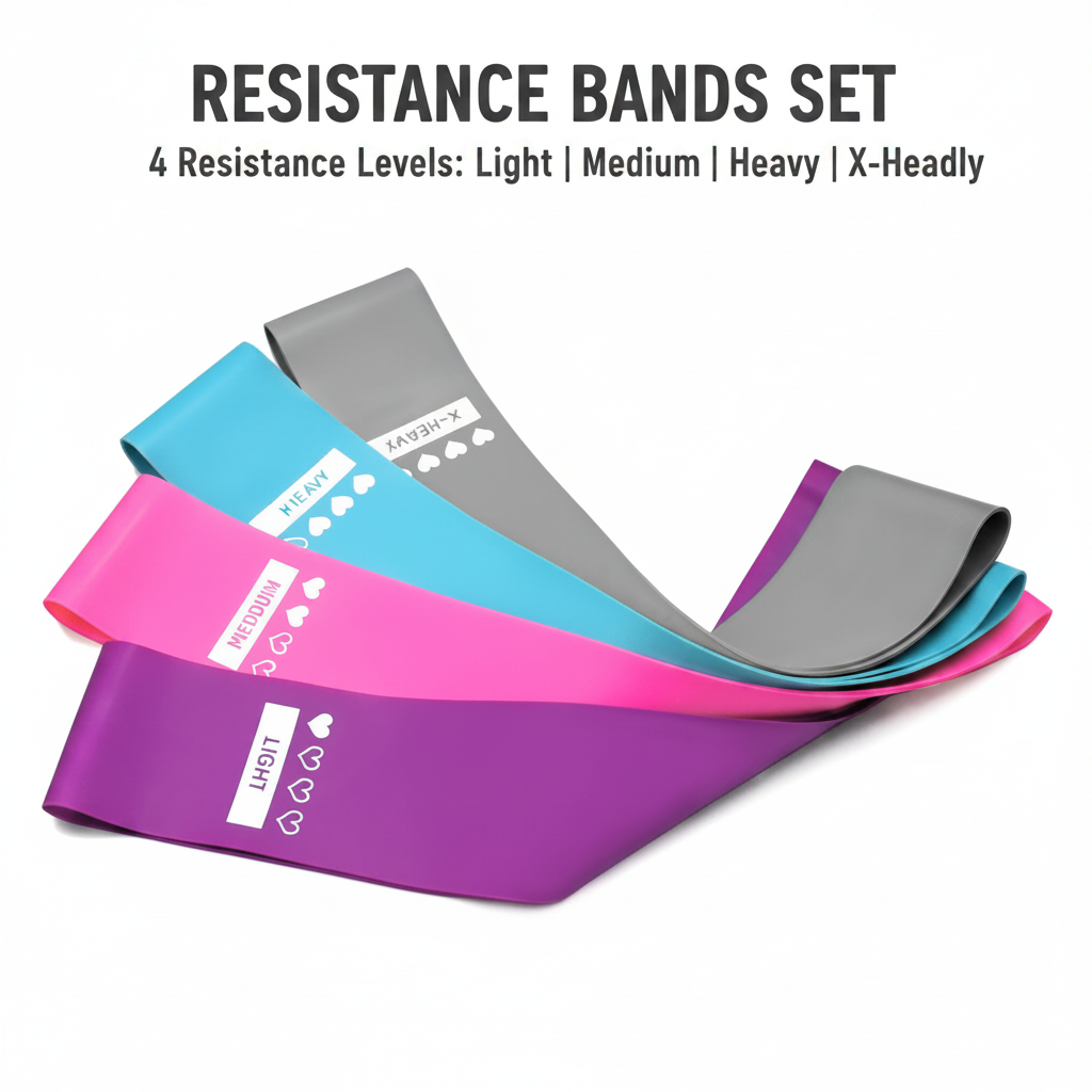 PhantomSupply Resistance Bands Set featuring various resistance bands in purple, pink, and black for workouts and strength training.