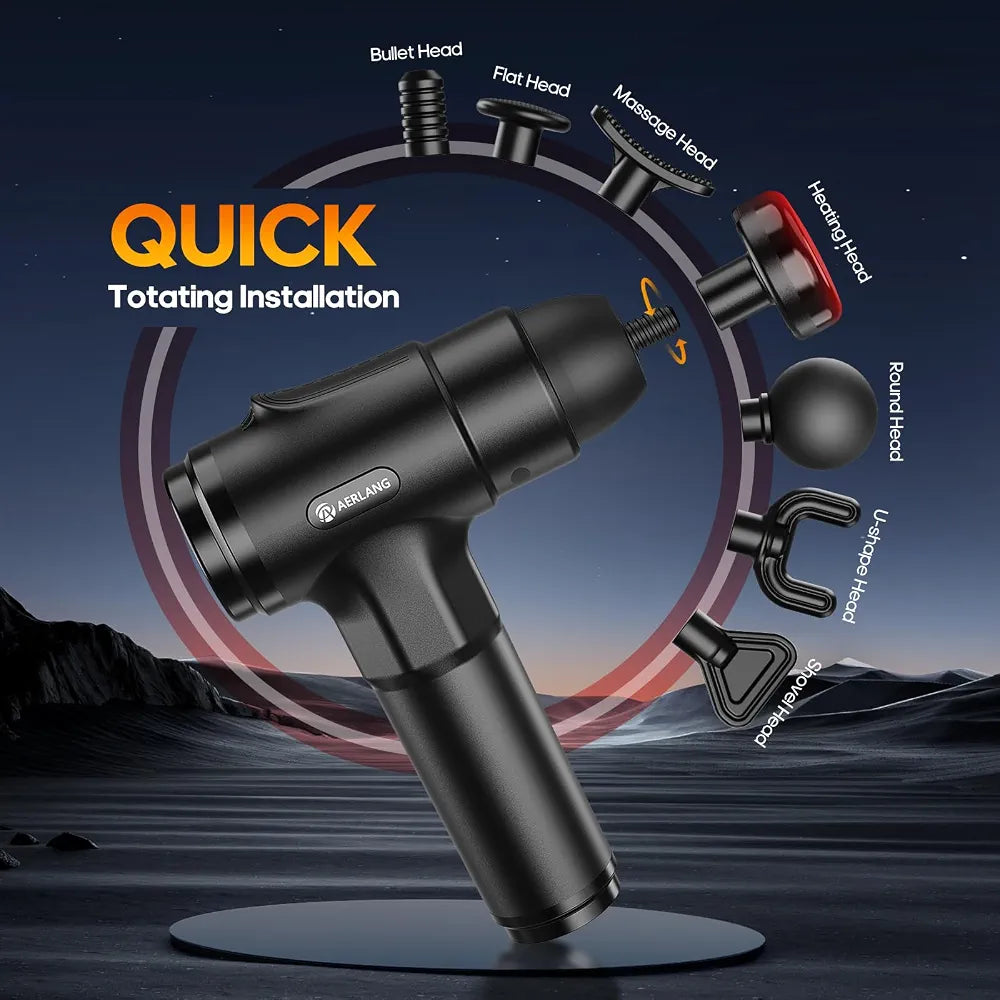 PhantomSupply Heated Deep Tissue Massage Gun with attachment heads and digital display, designed for muscle relaxation.