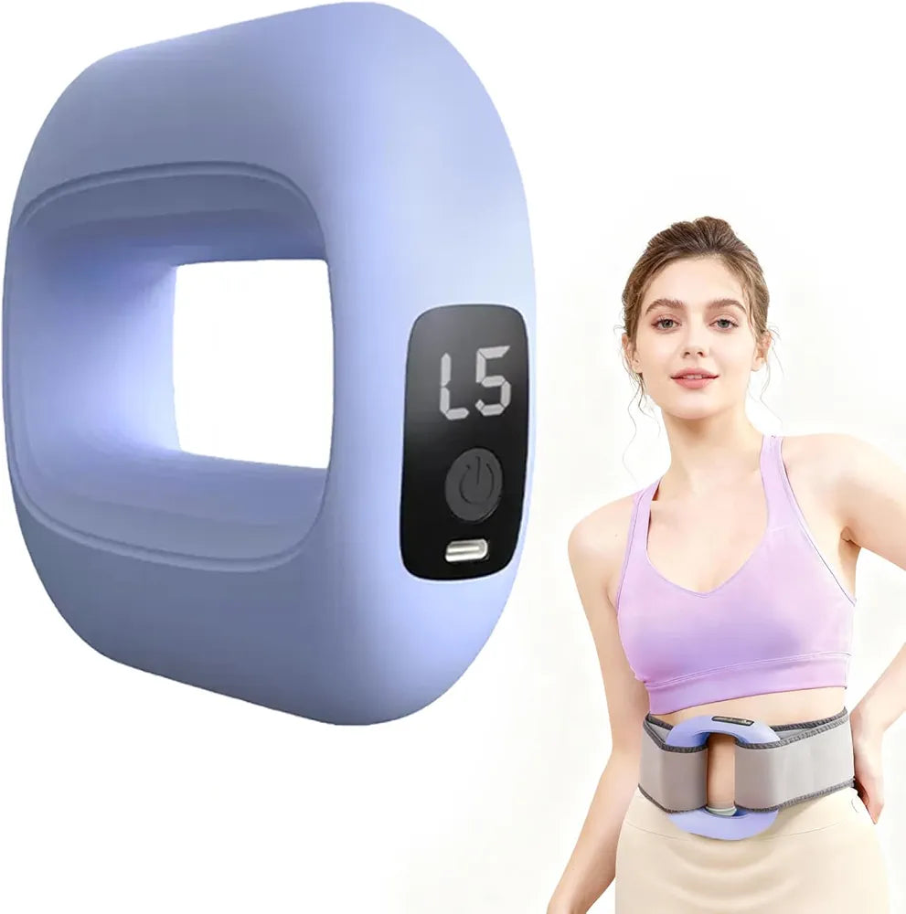 PhantomRelief Electric Fascia Massage Ring in blue, pink, and purple with a strong woman in fitness attire.