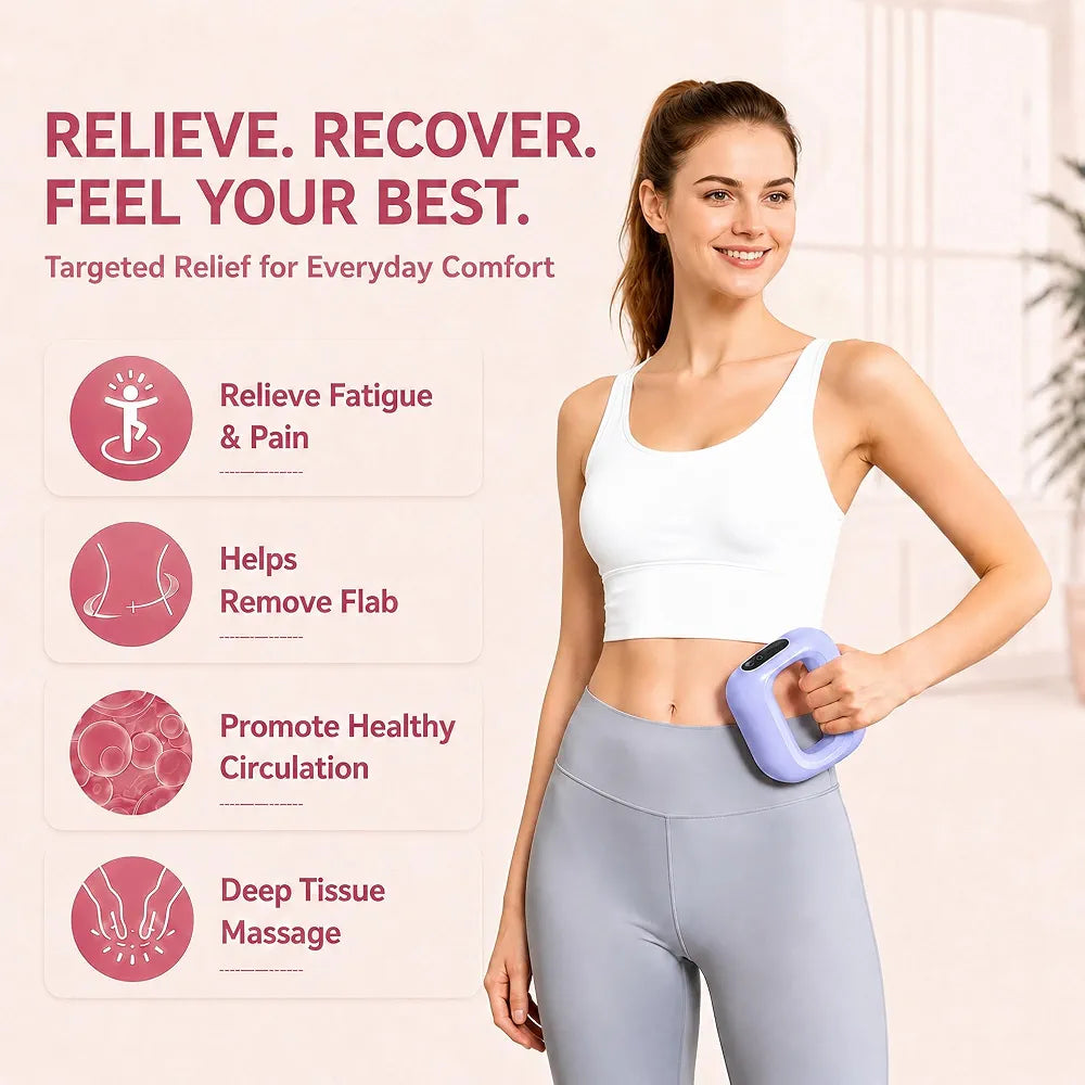 PhantomRelief Electric Fascia Massage Ring in blue, pink, and purple with a strong woman in fitness attire.