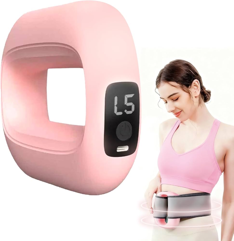 PhantomRelief Electric Fascia Massage Ring in blue, pink, and purple with a strong woman in fitness attire.