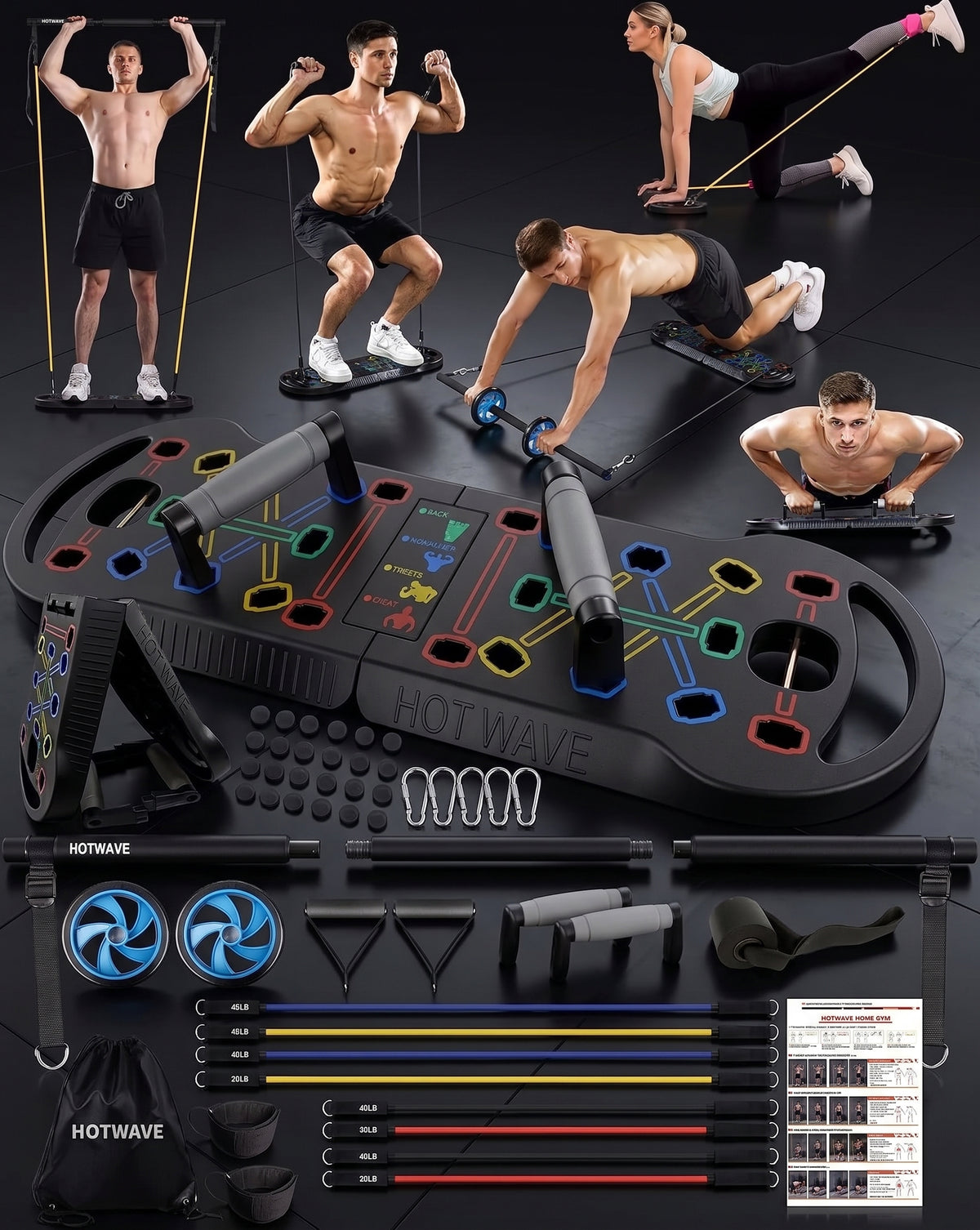 PhantomSupply Push-Up Board System 36-in-1 with workout accessories and various exercises demonstrated by individuals.