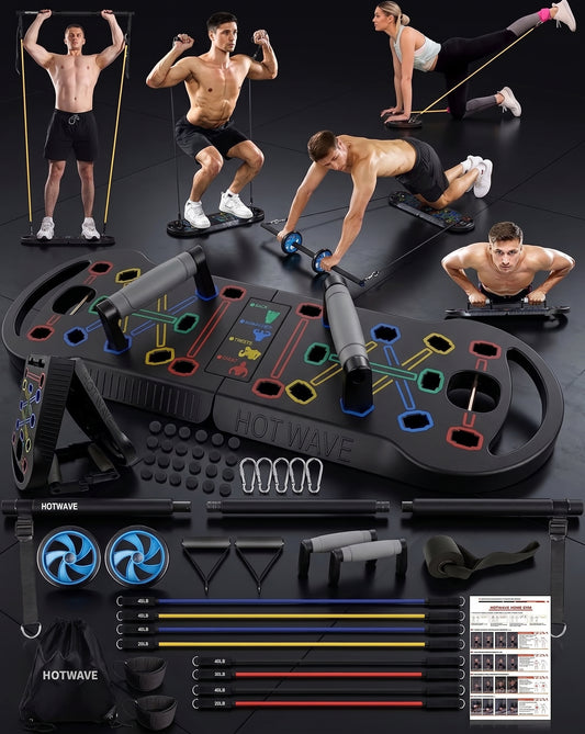 PhantomSupply Push-Up Board System 36-in-1 with workout accessories and various exercises demonstrated by individuals.