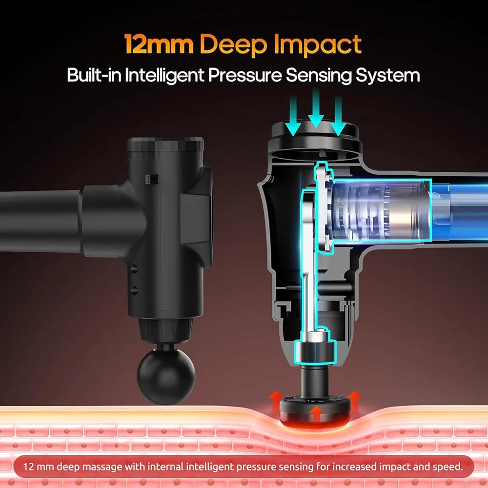 PhantomSupply Heated Deep Tissue Massage Gun with attachment heads and digital display, designed for muscle relaxation.