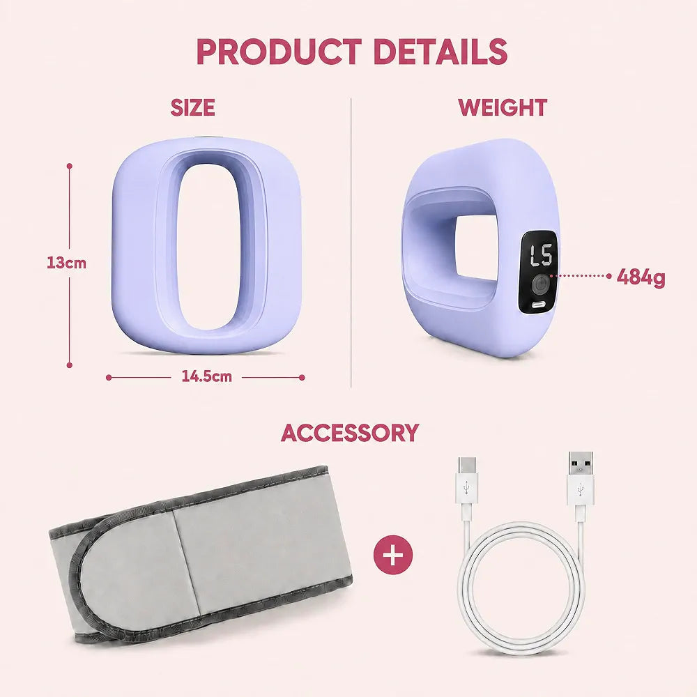 PhantomRelief Electric Fascia Massage Ring in blue, pink, and purple with a strong woman in fitness attire.