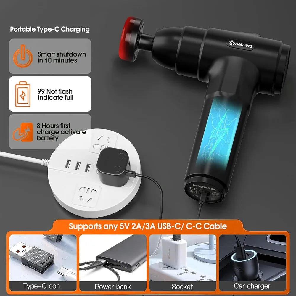 PhantomSupply Heated Deep Tissue Massage Gun with attachment heads and digital display, designed for muscle relaxation.