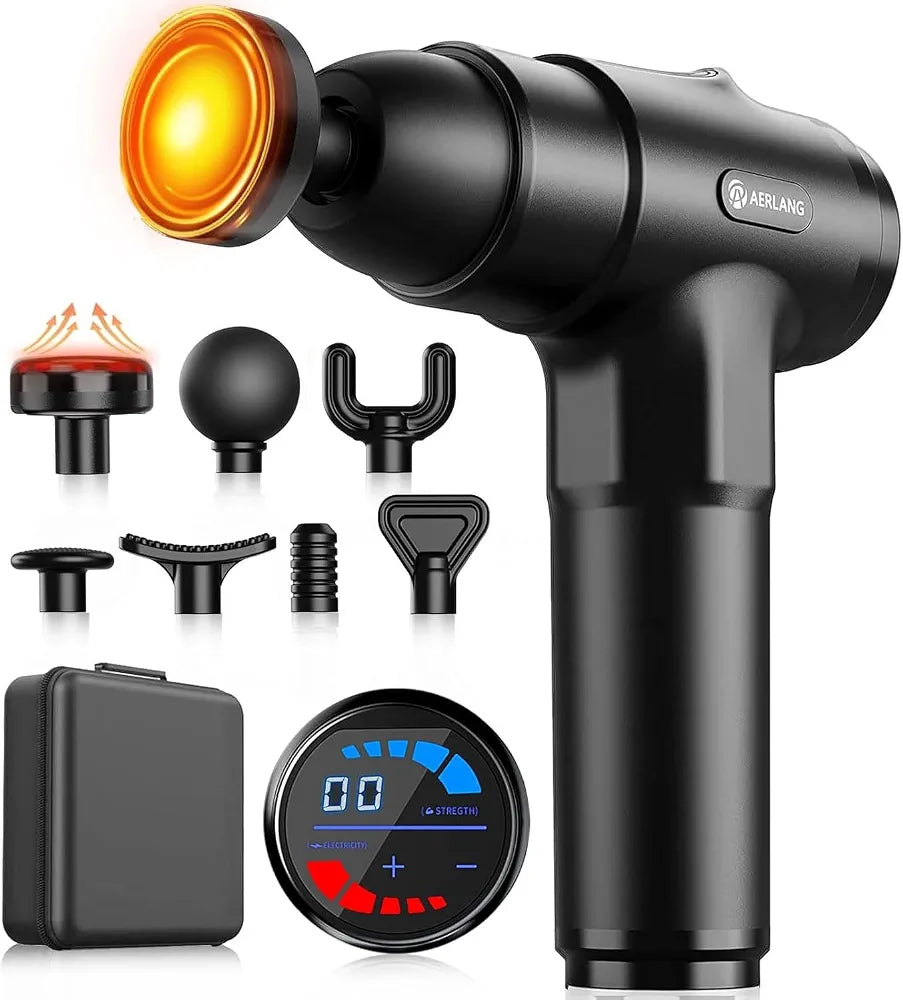 PhantomSupply Heated Deep Tissue Massage Gun with attachment heads and digital display, designed for muscle relaxation.