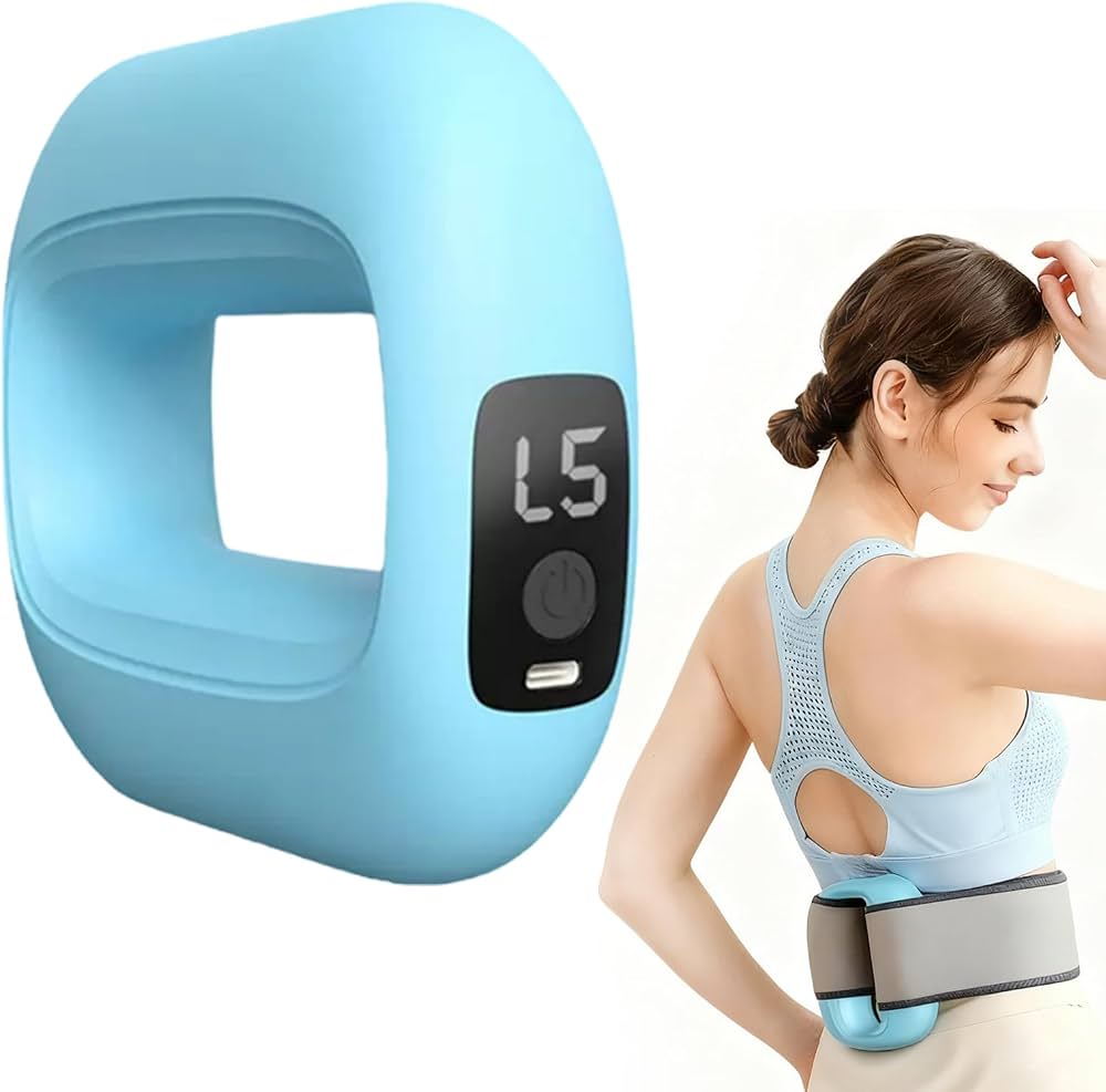PhantomRelief Electric Fascia Massage Ring in blue, pink, and purple with a strong woman in fitness attire.