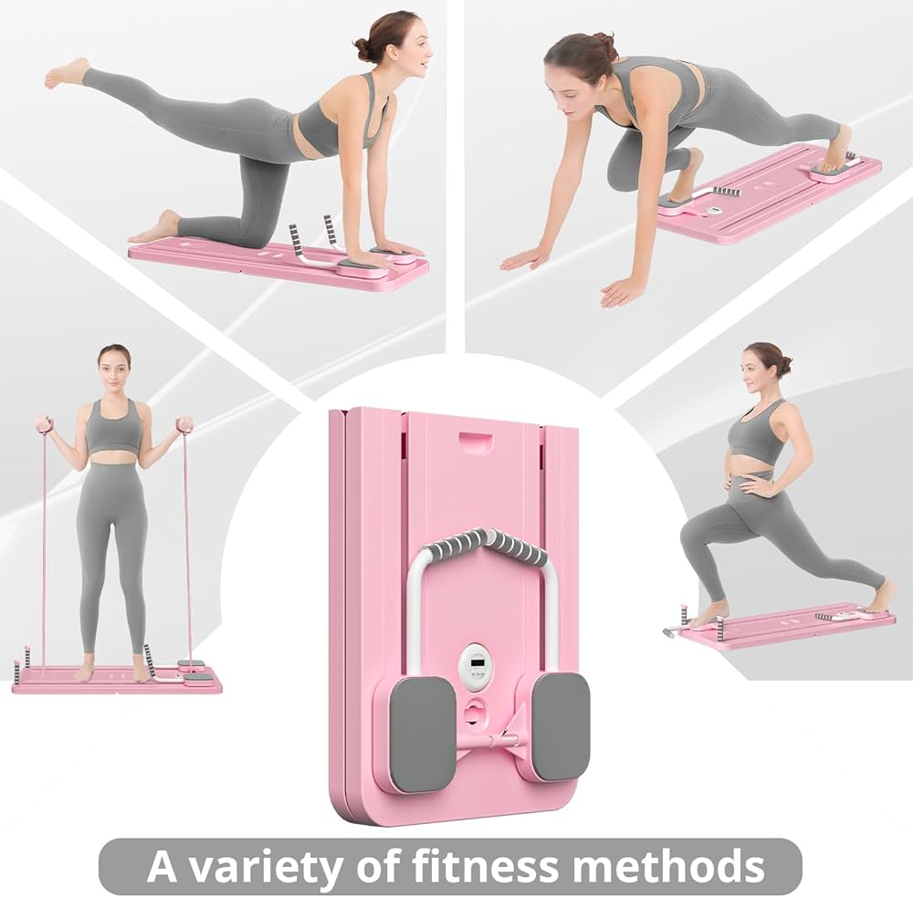 PhantomSupply Pilates Stretch Board with resistance bands, folds flat for easy storage, ideal for home workouts, compact design.