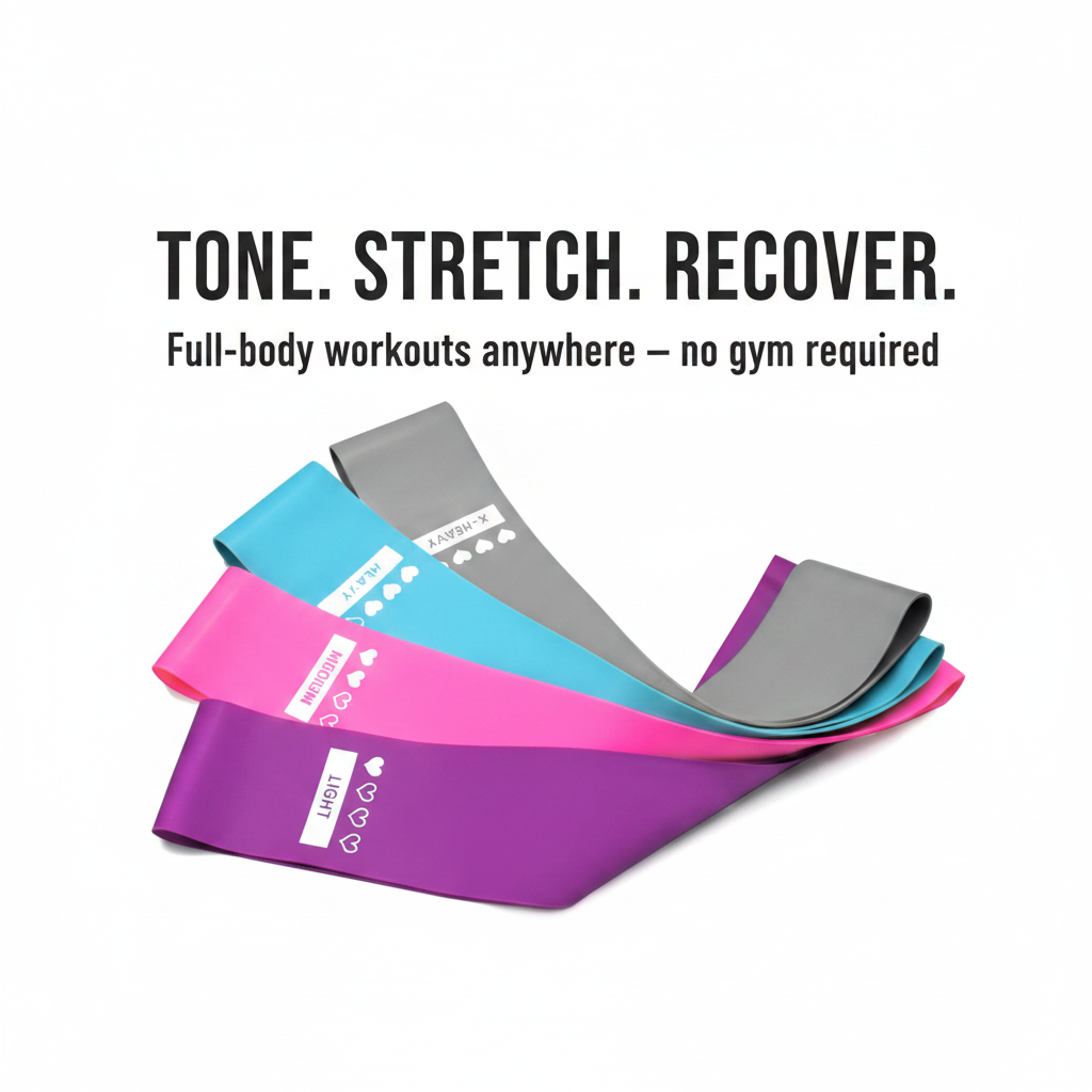 PhantomSupply Resistance Bands Set featuring various resistance bands in purple, pink, and black for workouts and strength training.