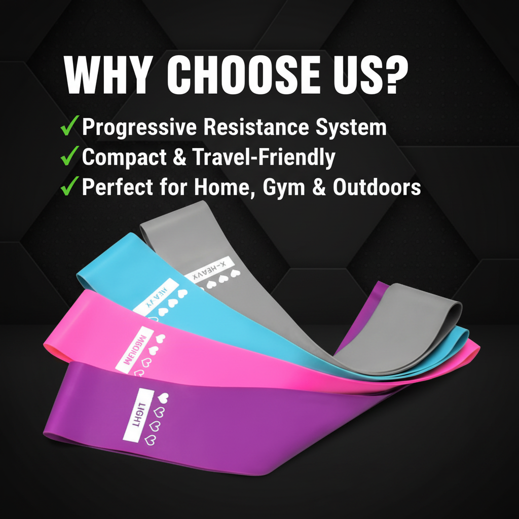 PhantomSupply Resistance Bands Set featuring various resistance bands in purple, pink, and black for workouts and strength training.